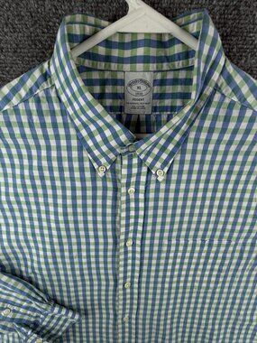 Brooks Brothers Button Up Shirt Long Sleeve Cotton Green Blue Check XL Regent